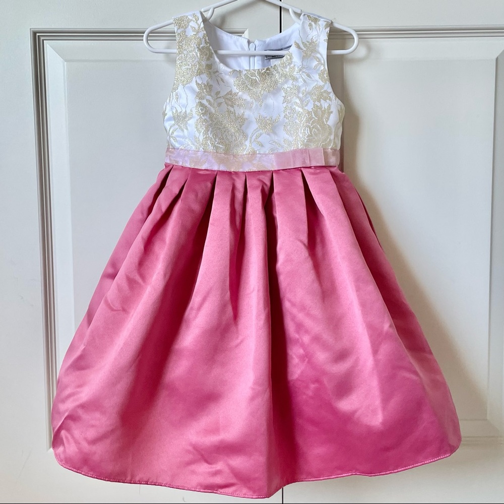 Gold detailed bodice pink satin skirt special occasion wedding dress gown